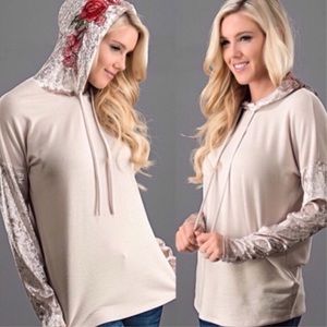 Tops - Rose Embroidered Velvet Sleeve Hoodie Tops - Rose Embroidered Velvet Sleeve Hoodie